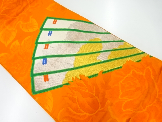 アンティーク　檜扇に薔薇模様織出し袋帯（着用可）